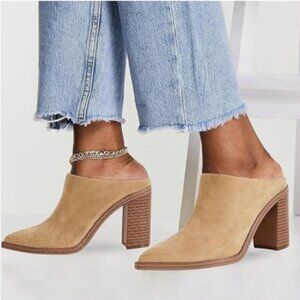 FOWT Camel Pointed Toe Slip On Mules Stacked Block High Heel Sandal